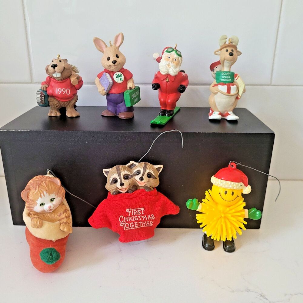Hallmark Christmas Ornaments Lot of 6 plus Smiley Face Koosh 1980s 1990s